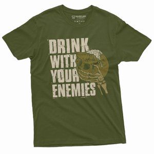 Men's Skull Warrior Funny T-shirt Drink with your Enemies Shirt Skulls Tee Green